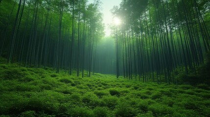 Obraz premium Sunlight Piercing Through a Lush Green Bamboo Forest Creates an Ethereal Scene