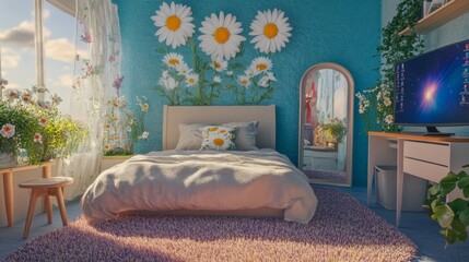 Y2k bedroom interior with daisy flower pillow vector background. Groovy pink room with bed, mirror, chamomile carpet and computer. Girly bright home decor with creative book shelf illustration.