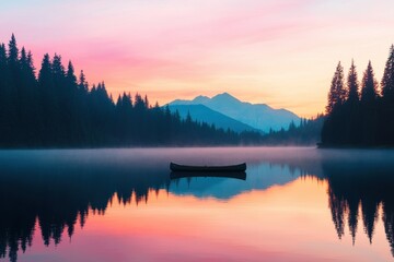 Fototapeta premium Tranquil Sunrise Over Misty Lake With Canoe Silhouetted Against Majestic Mountains And Reflective Waters
