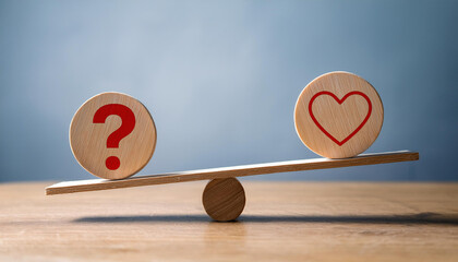Balancing Heart and Question Symbol on Wooden Seesaw Representing Choices and Emotions
