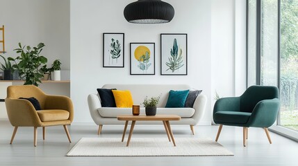 Fototapeta premium Modern living room, sunlight, sofa, plants, d?cor, interior design, home staging, furniture