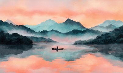 Tranquil watercolor landscape with mountains and fog reflecting in a serene lake at sunrise