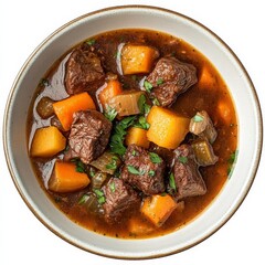 A hearty bowl of beef stew with root vegetables and herbs, isolated white background, surrealism art style