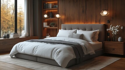 Tranquil Bedroom Setup with a View of Autumn Trees. Generative AI