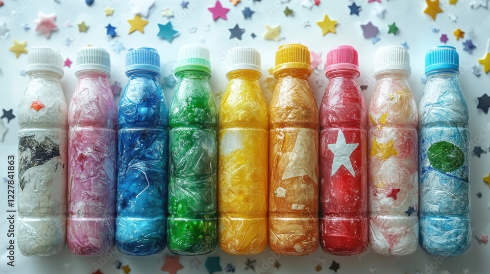 Poster colorful plastic bottles filled with various materials arranged in a playful pattern on a starry bac