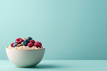 top-down view of bowl of creamy oatmeal with fresh berries and nuts soft natural lighting