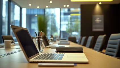 Naklejka premium Modern Conference Room Setup: Laptop, Notebook, and Empty Chairs