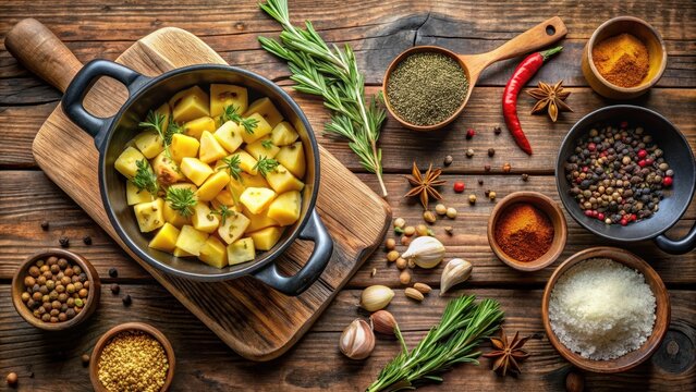 Aromatic spices and cumin blend on a wooden cutting board with diced potatoes in a large Dutch oven, flavorful ingredients, food preparation
