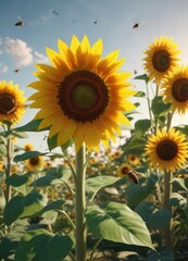 Fototapeta premium Beautiful sunflower garden with bees collecting nectar, bright, insects