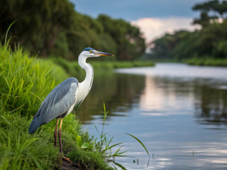 Naklejka premium Majestic heron serene river lush green grass calm water reflection rare species of animals