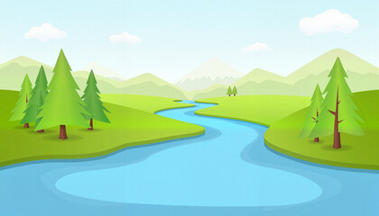 Fototapeta premium Cartoon landscape with river and pine trees