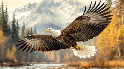 Majestic eagle soaring over autumnal mountain river