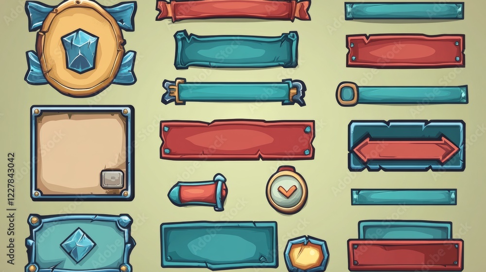 Poster set of game frames, bars and menu buttons cartoon interface elements. empty borders with banners, ui