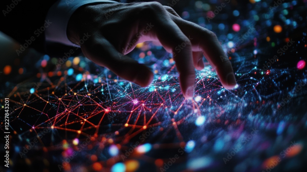 Poster hand interacting with digital network, dark background, data visualization, tech concept
