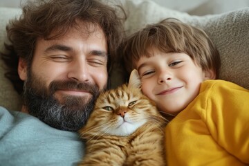 Family bonding time with a child and father cuddling a cat on a cozy sofa at home