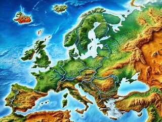 Detailed Relief Map of Europe - Aerial Perspective, Top Down View, Copy Space