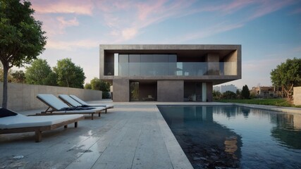 Fototapeta premium A modern luxury villa with a cubic structure, highlighted by wooden cladding, white panels, and a thoughtfully designed front yard
