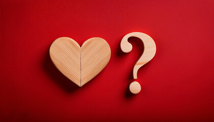 Heart and Question Mark Wooden Cutouts on Red Background for Love Decisions