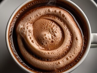 Coffee, cocoa, chocolate with delicious foam in a round white cup, top view, mocha mousse food trend 2025