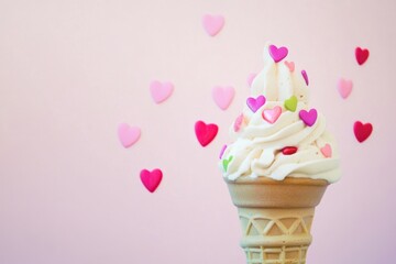 Valentine-Themed Ice Cream Cone with Heart Sprinkles Against Pink Background