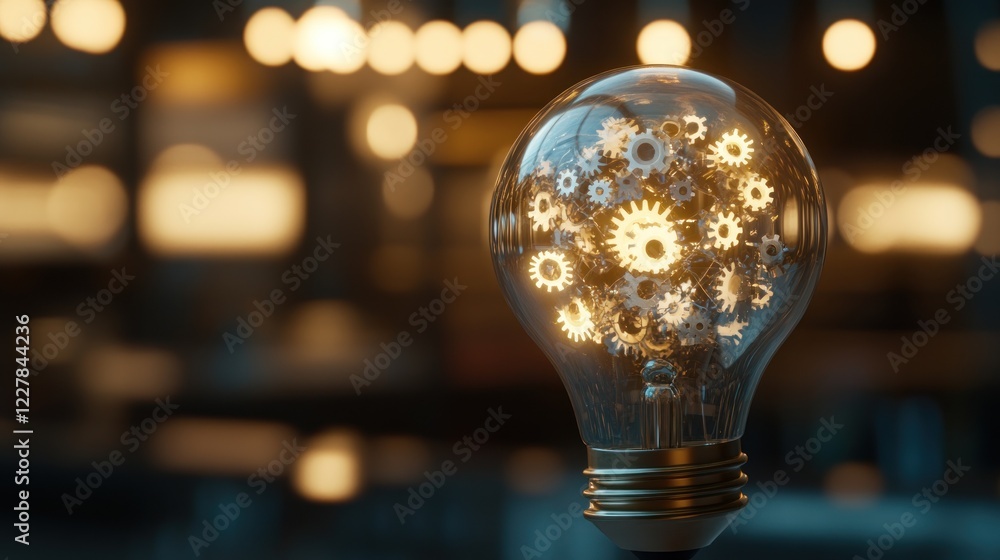 Poster illuminated lightbulb containing interlocking gears