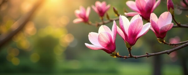 Obraz premium Pink magnolia flowers sway gently in the breeze, leaves, flowers, trees