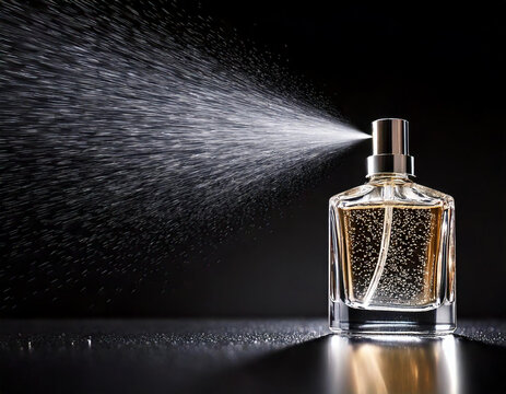 A bottle of perfume is spraying out of the top. The bottle is clear and has a spray top