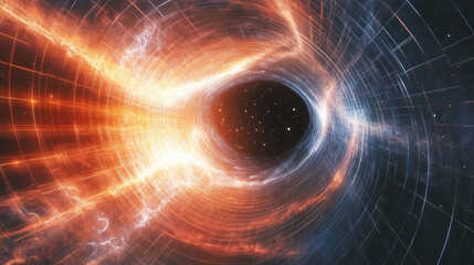 Fototapeta premium An abstract visualization of space and time bending and expanding, with glowing energy waves and swirling vortices representing the creation of the cosmos.