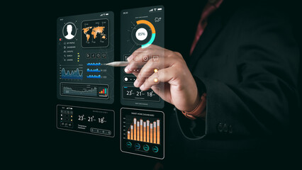 Businessman or Computer Science Engineer Using Screen Display Showing Infrastructure Infographics...