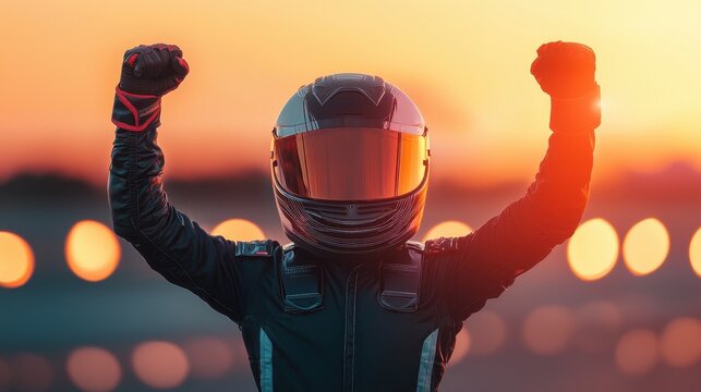 Victorious motorcyclist celebrating at sunset with raised hands in a spirited moment of triumph after a thrilling race