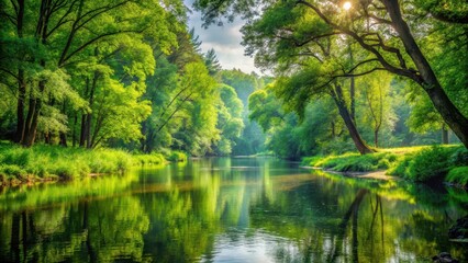 Fototapeta premium Forest Landscape with Lush Greenery and Peaceful River, riverbank, peaceful ambiance, riverbank, peaceful ambiance