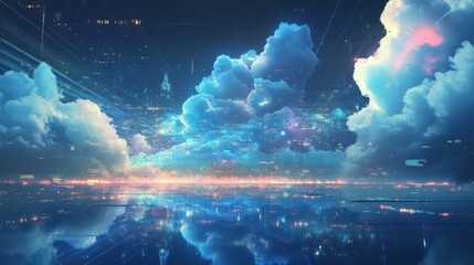 Obraz premium Futuristic Cityscape Reflected in Calm Waters Under a Dreamlike Sky