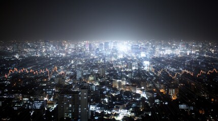 Fototapeta premium Futuristic city skyline with glowing market graphs urban environment digital art night view economic growth concept