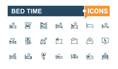 Bed Time lined icons set. Includes thin line napping, dreaming, human, clock, alarm, moon, nap, table. Pixel perfect. Vector outline and solid icons collection.