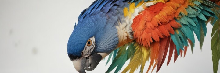 Fototapeta premium Parrot's feathers and beak on a white surface with a subtle natural texture , vibrant, feathers, ornithology