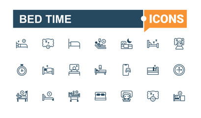 Fototapeta premium Bed Time lined icons set. Includes thin line napping, dreaming, human, clock, alarm, moon, nap, table. Pixel perfect. Vector outline and solid icons collection.