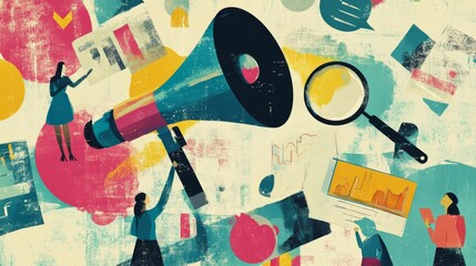 SEO analytics team banner template. Contemporary vector illustration of creative people making announcement in megaphone, doing research with magnifier, working on laptop and tab, making presentation