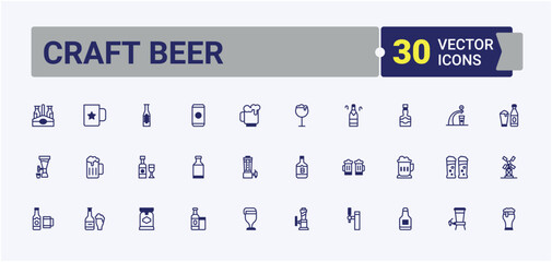 Craft Beer lined icons set. Related to brewing, barley, alcohol, mug, cap, bottle, hop, oktoberfest. Minimal linear icons. Vector line and solid icons.