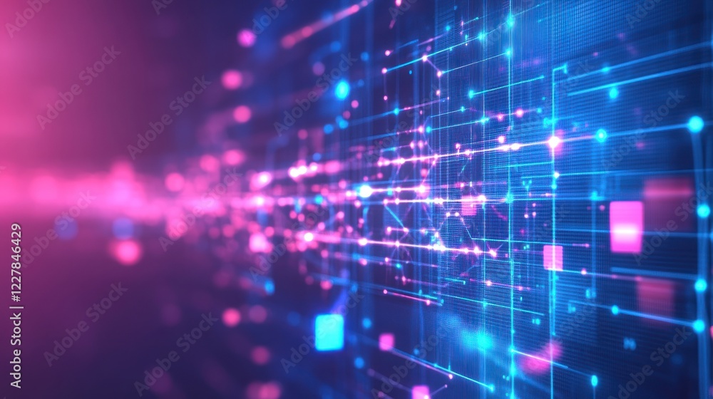 Aufkleber digital data grid flows with network connections, in glowing blue and pink colors for tech backgroun