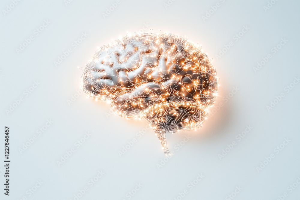 Poster an intricate outline of a human brain is interlinked with circuit lines against a neutral white back