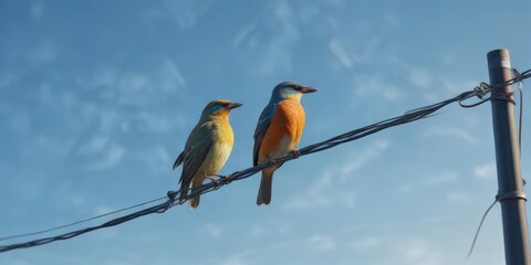 Bird perched on a thin metal electric wire against a clear blue sky, outdoor photography, bird perch