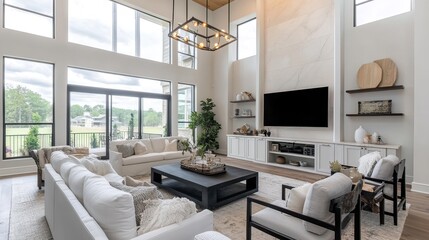 Modern living room, luxury home, large windows, golf course view, interior design