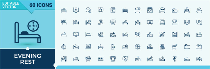 Fototapeta premium Evening Rest icons set. Containing star, table, app, Bed, nap, sleepy, resting, day and more. Simple icon designs. Vector outline and solid icons collection.