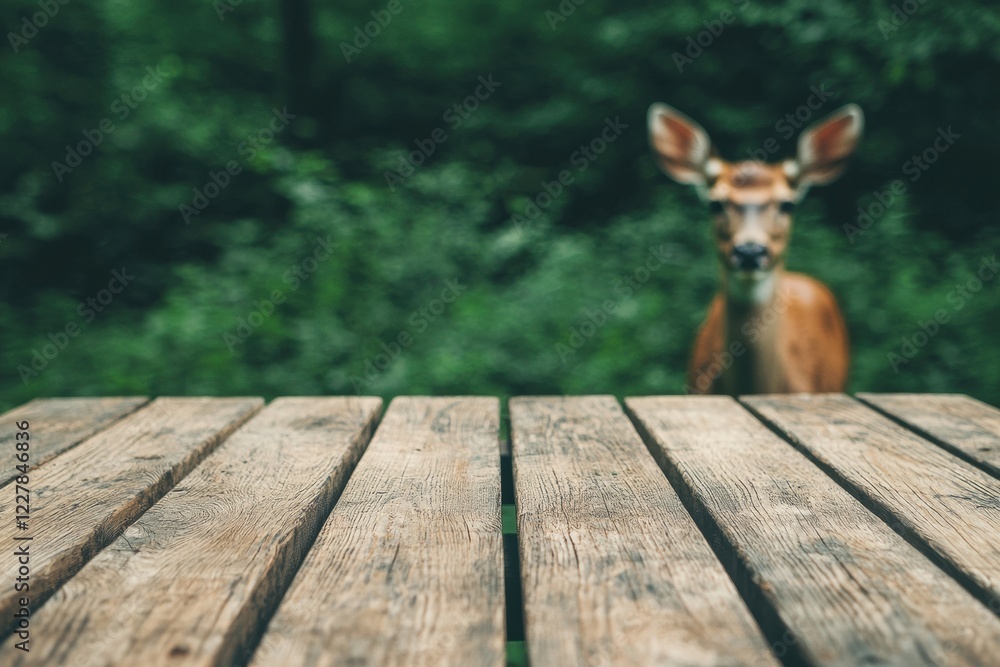Aufkleber wooden picnic table in a forest setting with a deer grazing nearby, surrounded by lush greenery and 