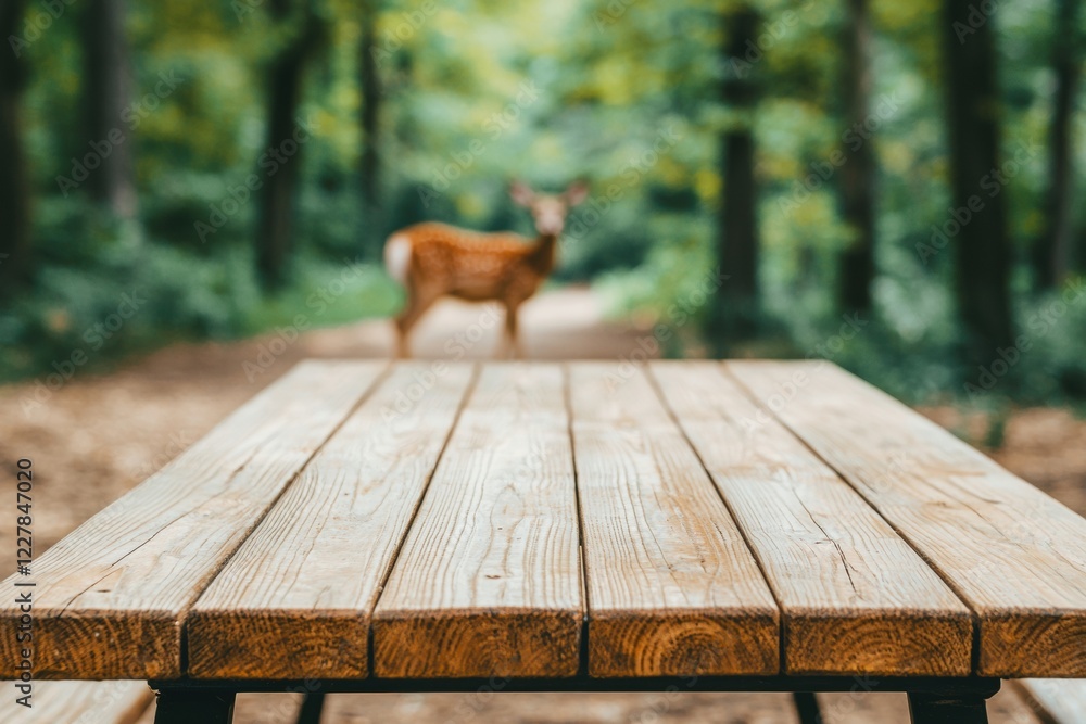 Aufkleber empty wooden picnic table in a serene forest setting with a deer grazing nearby, surrounded by lush 