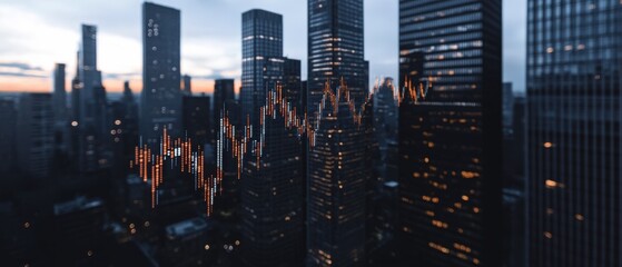 Fototapeta premium Urban skyline at sunset forex symbols overlay business visualization contemporary environment aerial view financial concepts