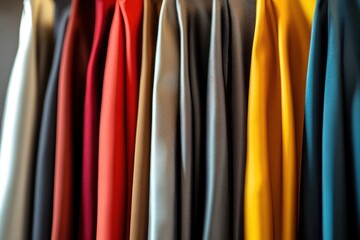 Colorful fabric swatches hanging, interior design, textile selection