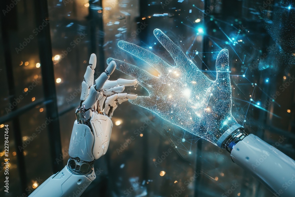 Poster machine learning, hands of robot and human touch on big data network, brain data creative in light b