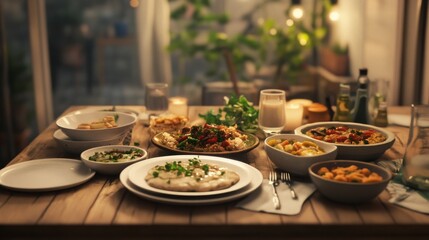 A wooden table laden with a variety of home-cooked meals, including pasta, vegetables, and bread, set for a cozy dinner.