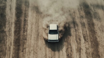 Aerial view of a car driving on a dusty dirt road, leaving a trail of dust.